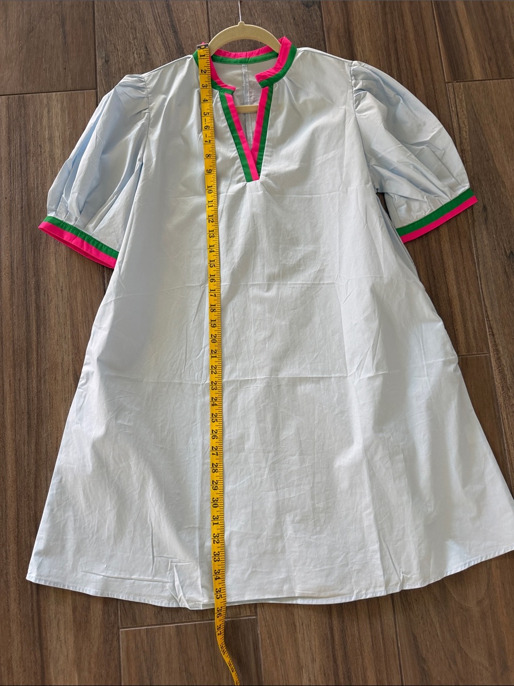 Light Blue V-Neck Swing Dress Pink & Green Trim Puff Sleeve Women’s Small NWOT - Picture 6 of 8